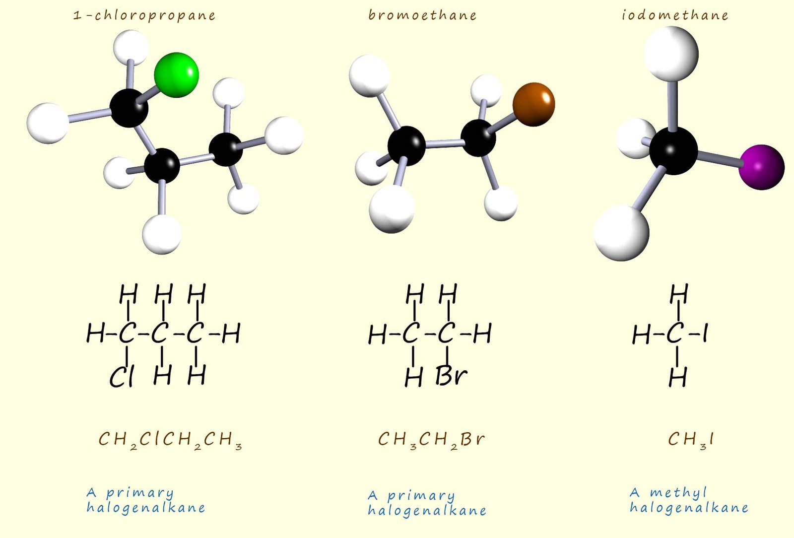 3d models, displayed formula and molecular formula for two primary halogenalkanes and a methyl halogenalkane molecule.